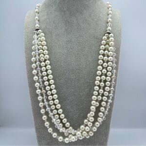 Multi Strand Faux Pearl Crystal Beaded Necklace Bridal Layered